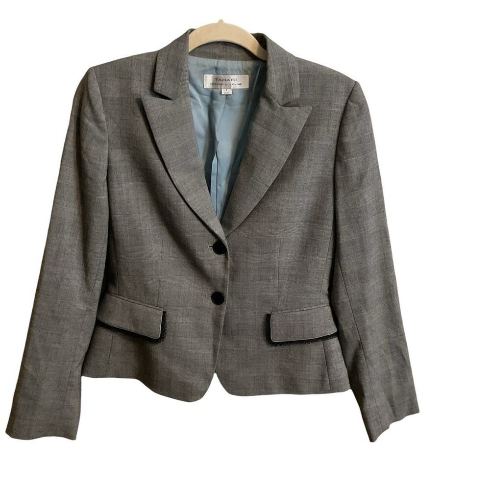 Tahari‎ Arthur S. Levine Blazer Women's Size 4 Gray Blue Plaid Stretch Career